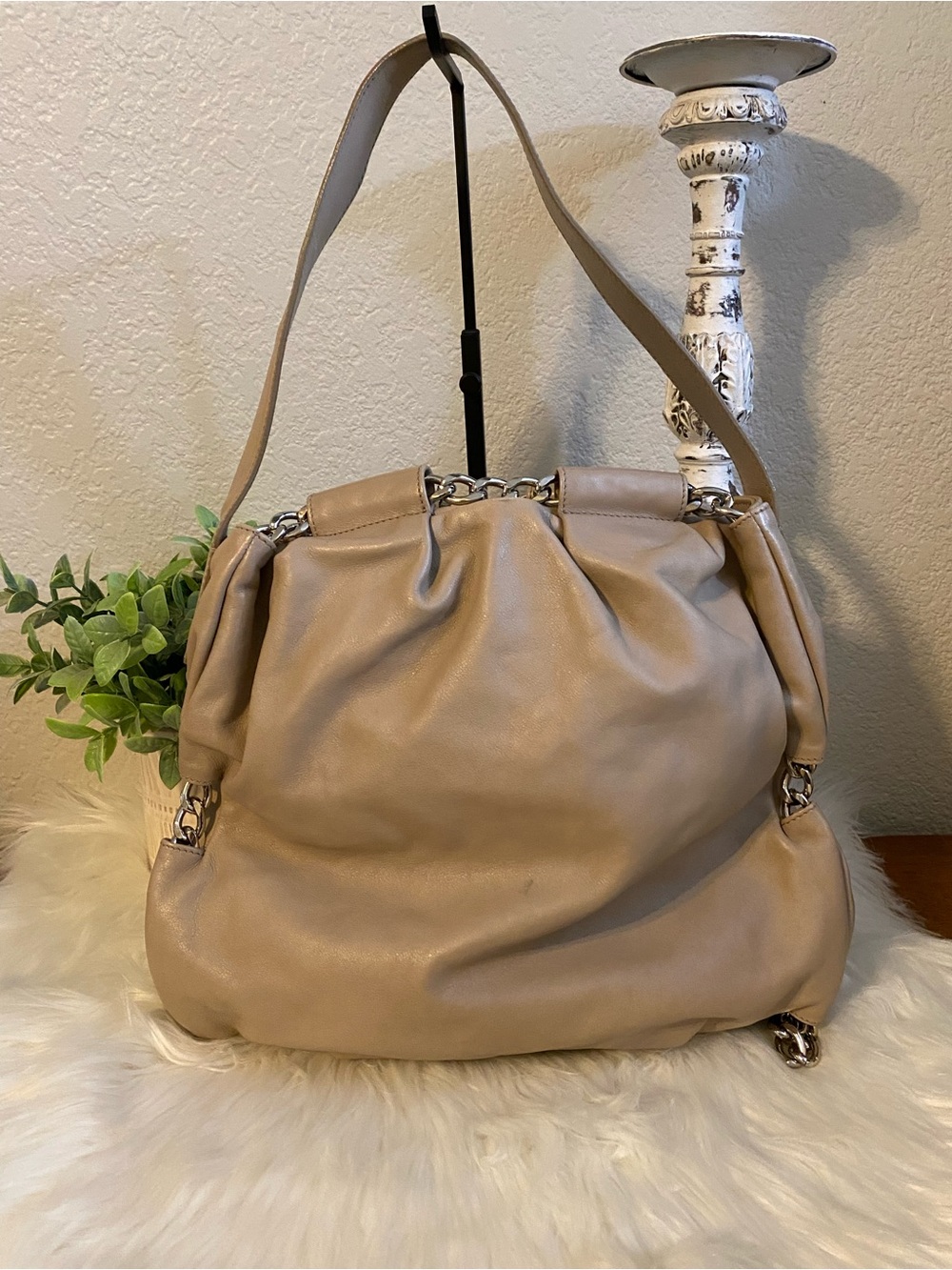 Furla Taupe Soft Leather Shoulder Hobo Bag w/ Chain Detail - Picture 3 of 14